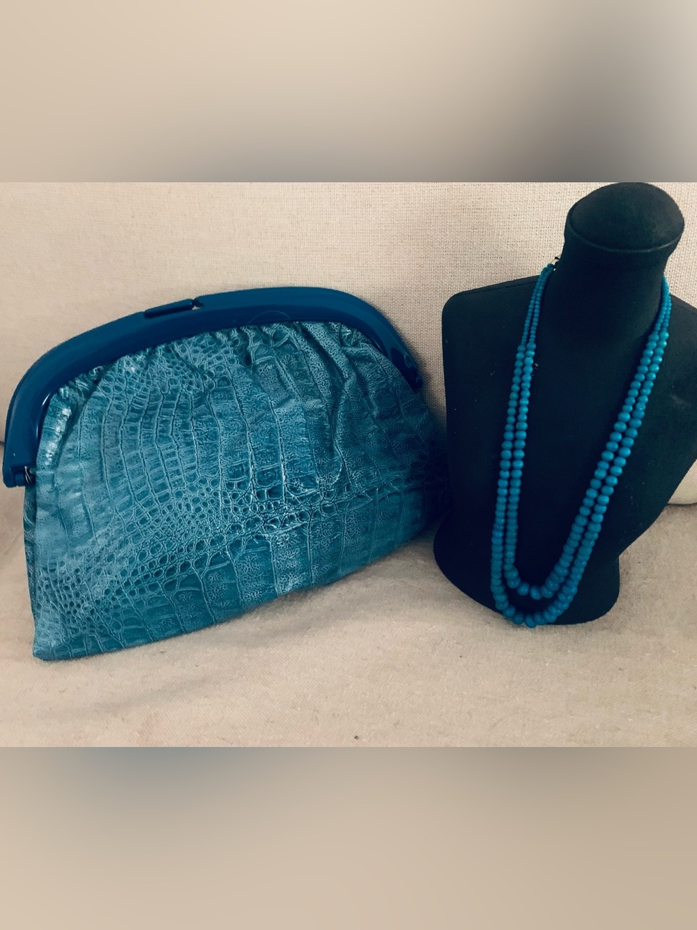 Blue Leather Italian Clutch & 2 Strand Necklace